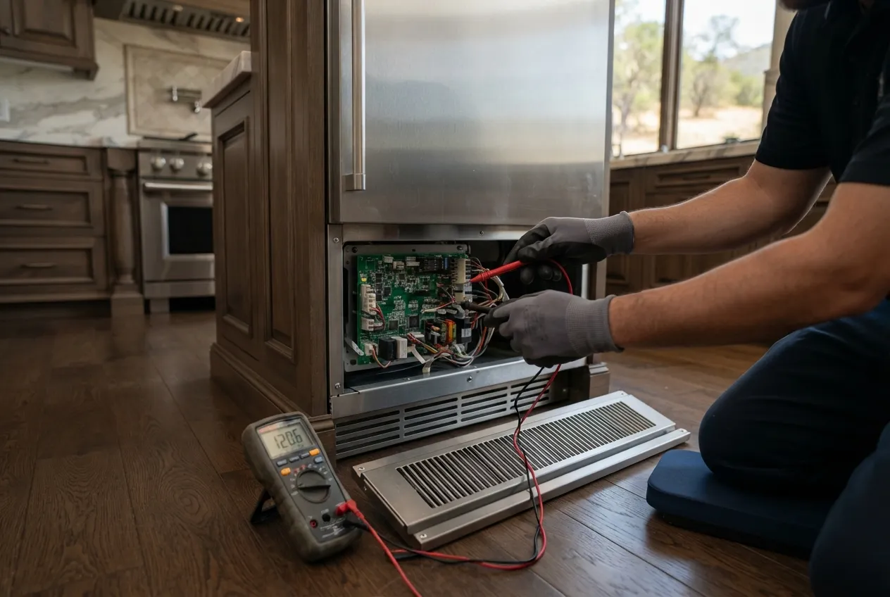Technician testing the control board of a built-in refrigerator